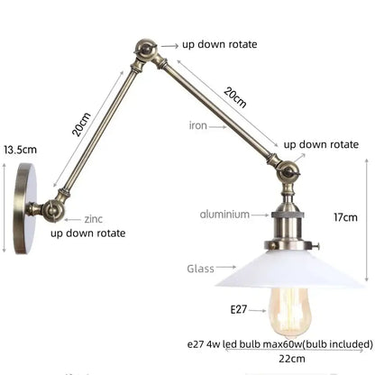Antique brass ribbed led glass swing arm wall lamps for bedroom