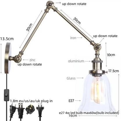 Antique brass ribbed led glass swing arm wall lamps for bedroom