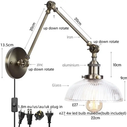 Antique brass ribbed led glass swing arm wall lamps for bedroom