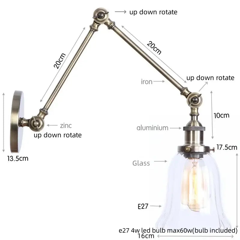 Antique brass ribbed led glass swing arm wall lamps for bedroom