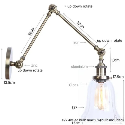 Antique brass ribbed led glass swing arm wall lamps for bedroom