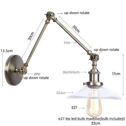 Antique brass ribbed led glass swing arm wall lamps for bedroom