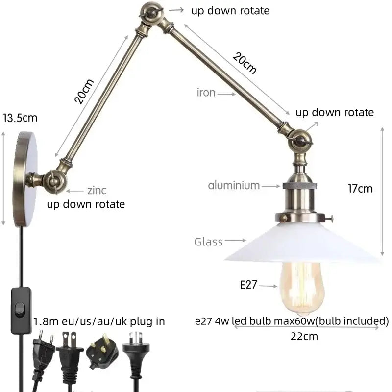 Antique brass ribbed led glass swing arm wall lamps for bedroom