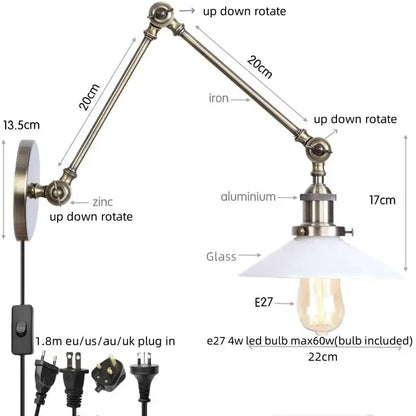Antique brass ribbed led glass swing arm wall lamps for bedroom