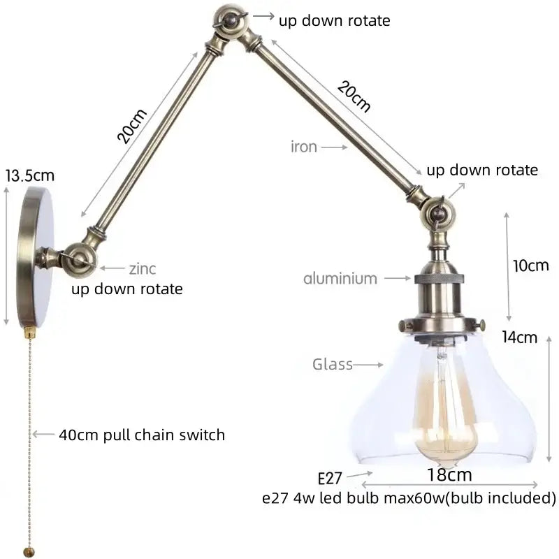 Antique brass ribbed led glass swing arm wall lamps for bedroom