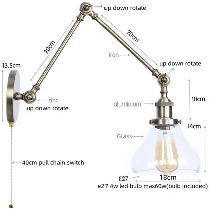 Antique brass ribbed led glass swing arm wall lamps for bedroom