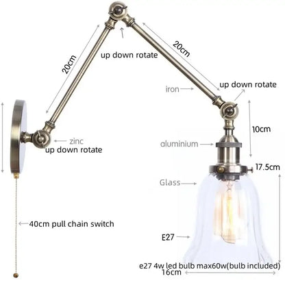 Antique brass ribbed led glass swing arm wall lamps for bedroom