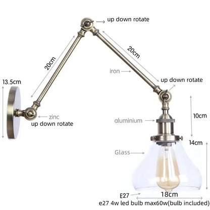 Antique brass ribbed led glass swing arm wall lamps for bedroom
