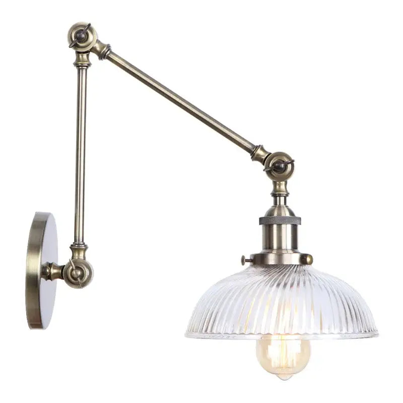 Antique brass ribbed led glass swing arm wall lamps for bedroom