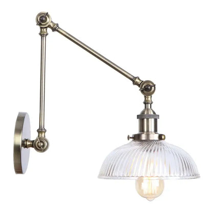 Antique brass ribbed led glass swing arm wall lamps for bedroom