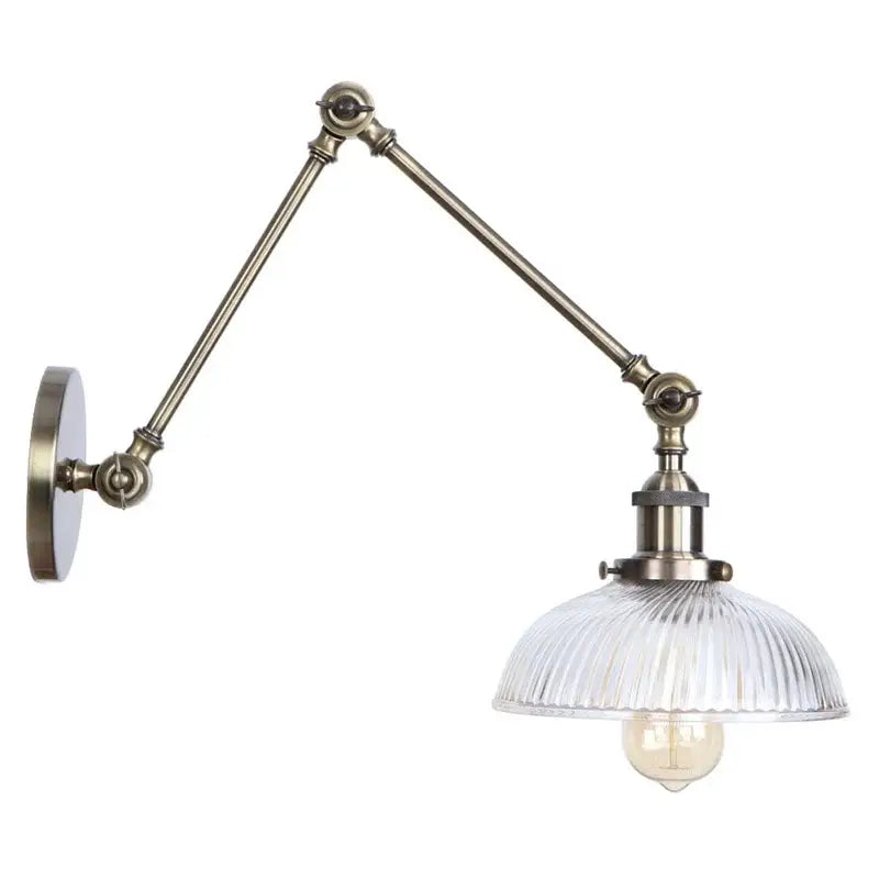 Antique brass ribbed led glass swing arm wall lamps for bedroom