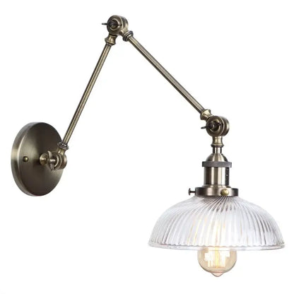 Antique brass ribbed led glass swing arm wall lamps for bedroom