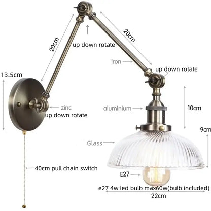 Antique brass ribbed led glass swing arm wall lamps for bedroom