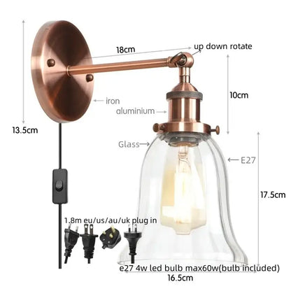 Industrial brass led glass wall lamp for stairway home decor