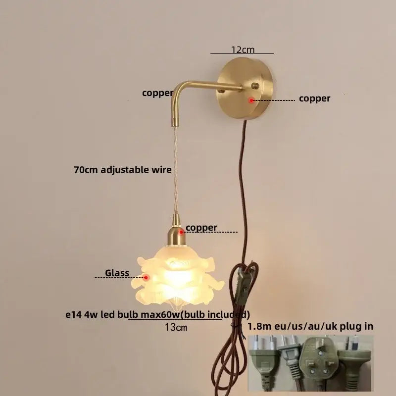 Modern gold flower led glass wall lamp for bedroom luxury decor
