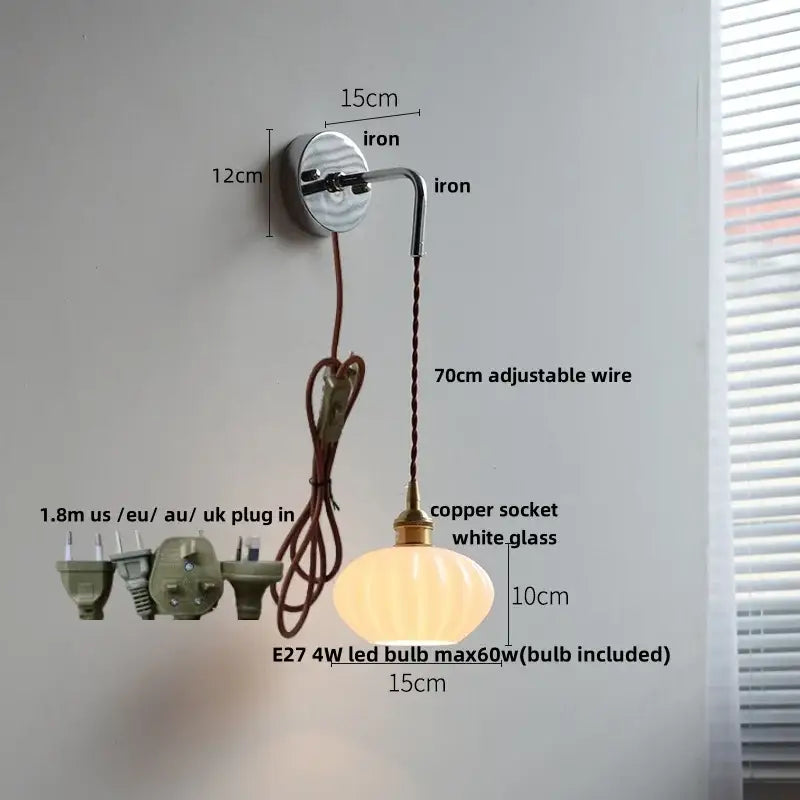 Vintage brushed brass glass wall light bedroom ribbed shade