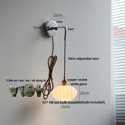 Vintage brushed brass glass wall light bedroom ribbed shade