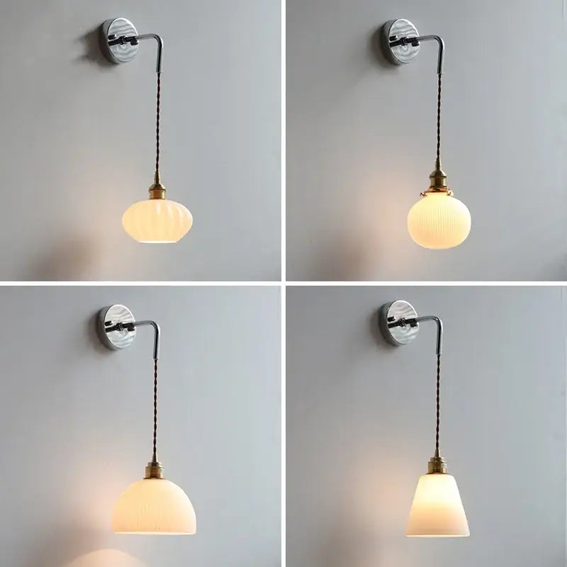 Vintage brushed brass glass wall light bedroom ribbed shade