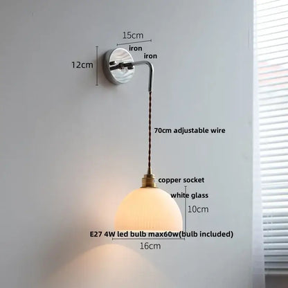 Vintage brushed brass glass wall light bedroom ribbed shade