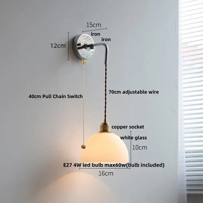 Vintage brushed brass glass wall light bedroom ribbed shade