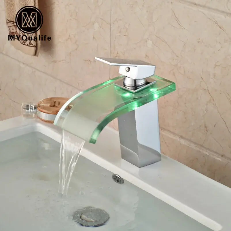 Modern chrome led glass waterfall basin faucet bathroom sink mixer