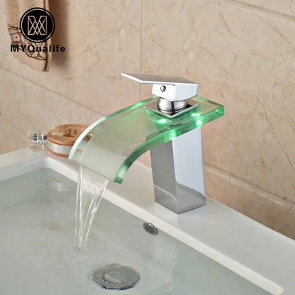 Modern chrome led glass waterfall basin faucet bathroom sink mixer