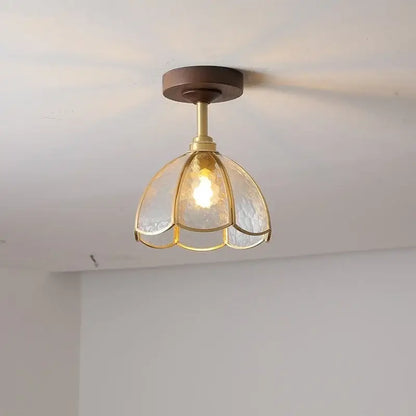 Flower shaped led glass wood ceiling lamp bedroom brass light