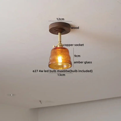 Flower shaped led glass wood ceiling lamp bedroom brass light