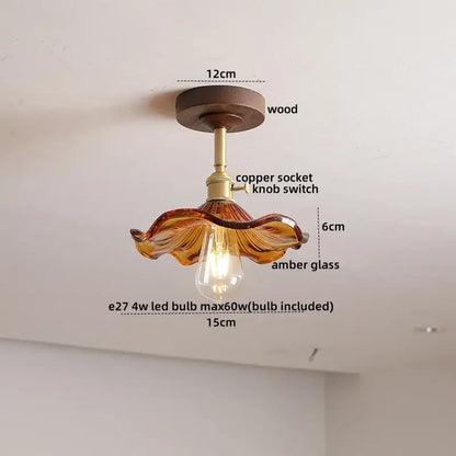 Flower shaped led glass wood ceiling lamp bedroom brass light
