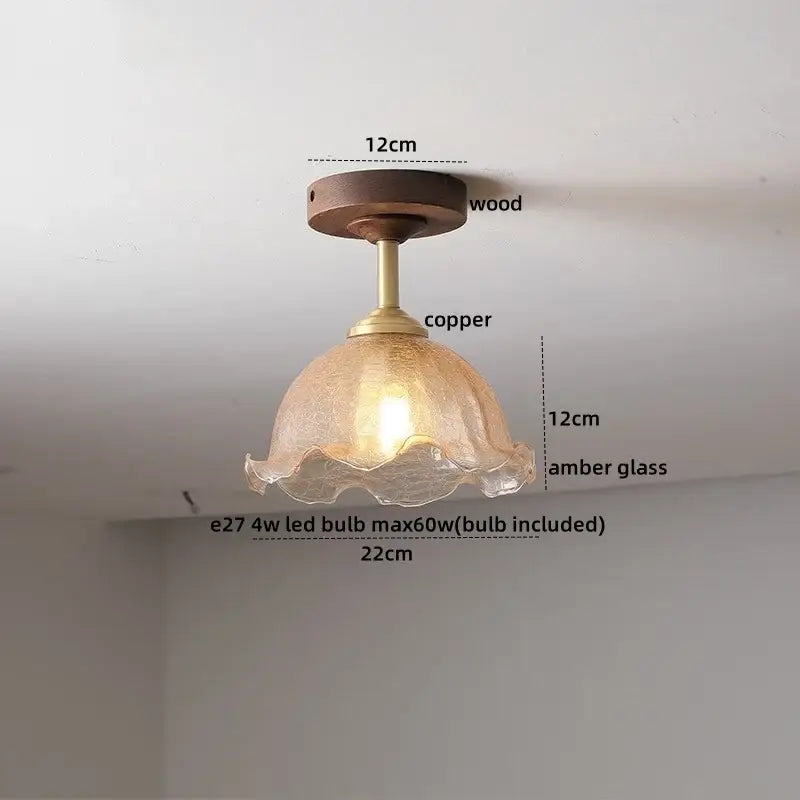 Flower shaped led glass wood ceiling lamp bedroom brass light