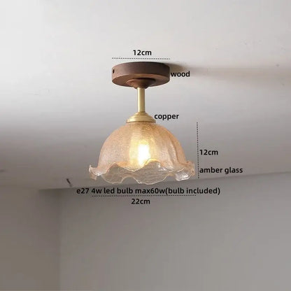 Flower shaped led glass wood ceiling lamp bedroom brass light