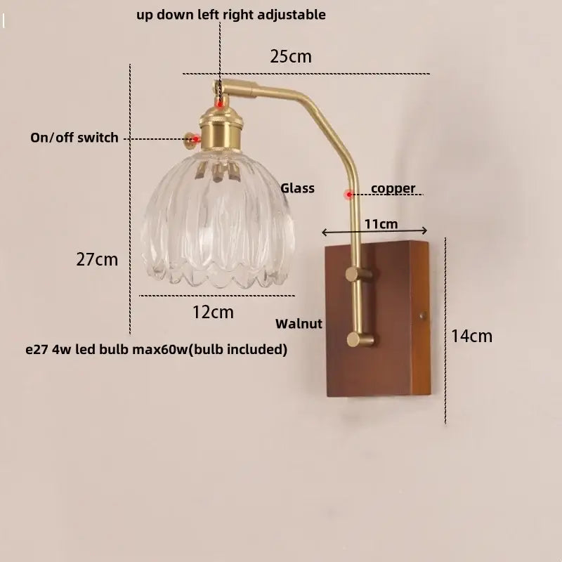 Amber glass and wood wall lamp bedroom brass finish led light