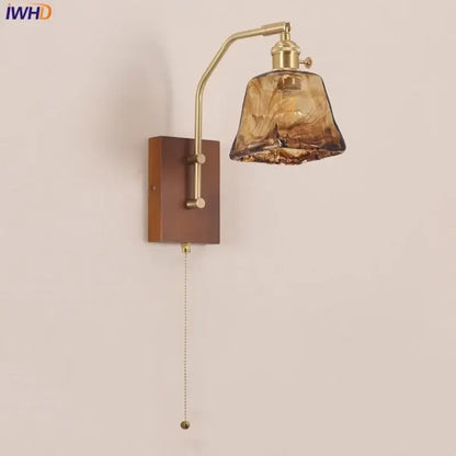 Amber glass and wood wall lamp bedroom brass finish led light
