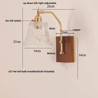 Amber glass and wood wall lamp bedroom brass finish led light