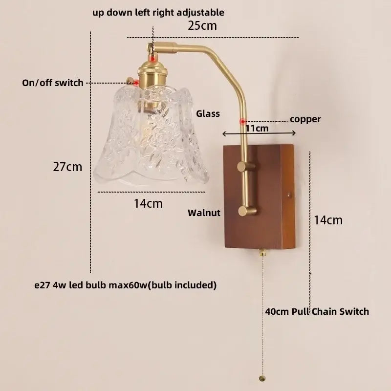 Amber glass and wood wall lamp bedroom brass finish led light