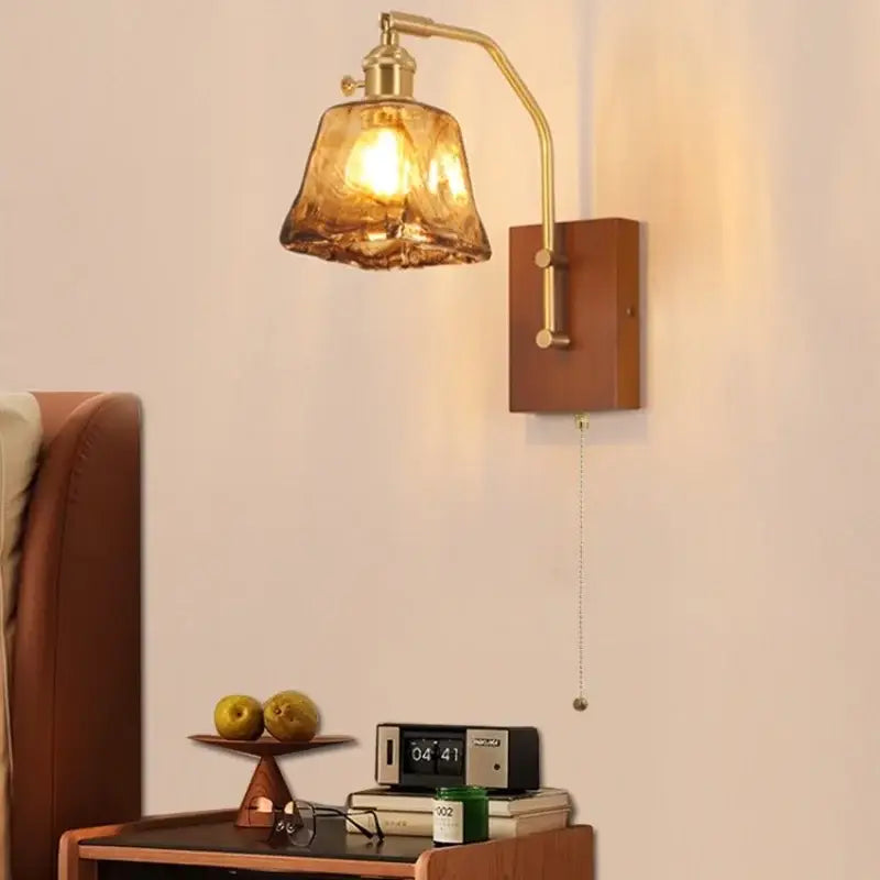 Amber glass and wood wall lamp bedroom brass finish led light