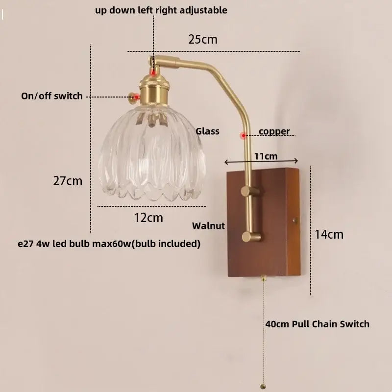 Amber glass and wood wall lamp bedroom brass finish led light