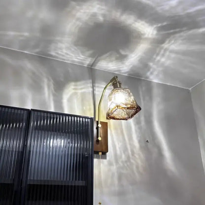 Amber glass and wood wall lamp bedroom brass finish led light
