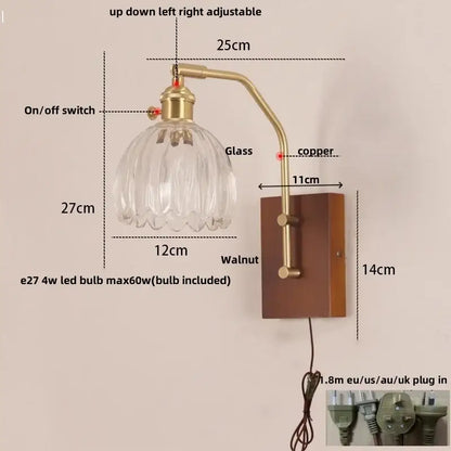 Amber glass and wood wall lamp bedroom brass finish led light