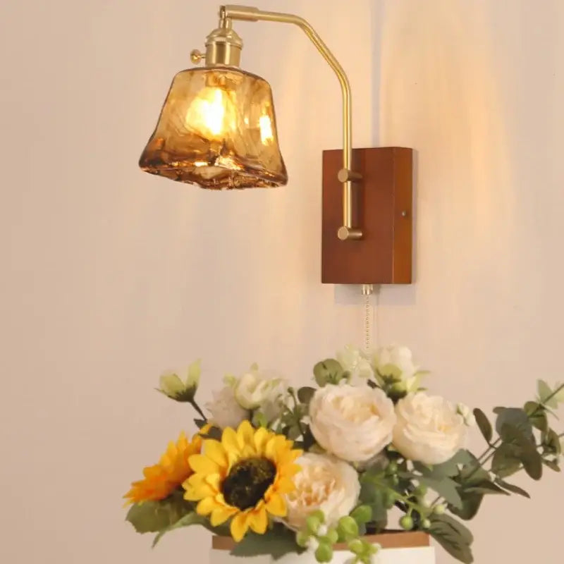 Mid century amber glass and wood wall lamp bedroom pull chain switch