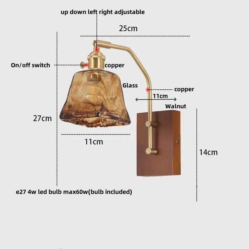 Amber glass and wood wall lamp bedroom brass finish led light