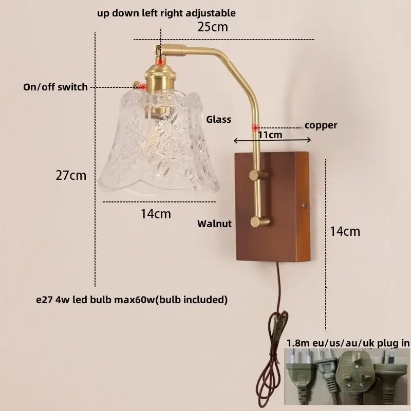 Mid century amber glass and wood wall lamp bedroom pull chain switch