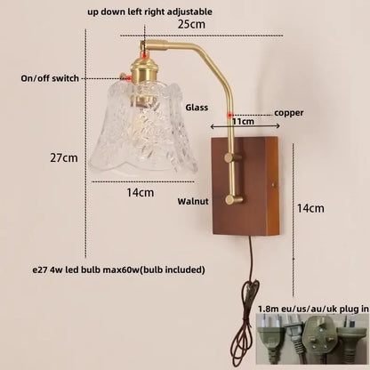 Mid century amber glass and wood wall lamp bedroom pull chain switch