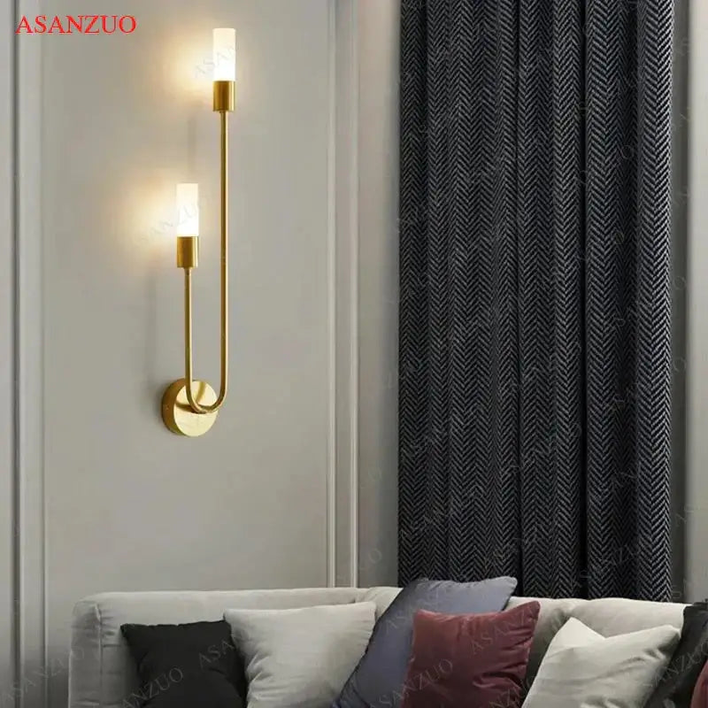 Minimalist gold candlestick wall light with frosted glass for bedroom