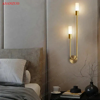 Minimalist gold candlestick wall light with frosted glass for bedroom