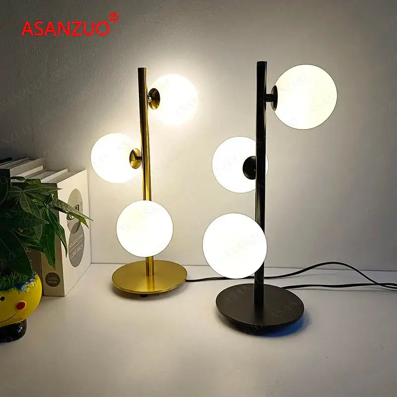 Modern gold 3 globe table lamp with milk white glass for bedroom