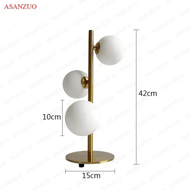 Modern gold 3 globe table lamp with milk white glass for bedroom