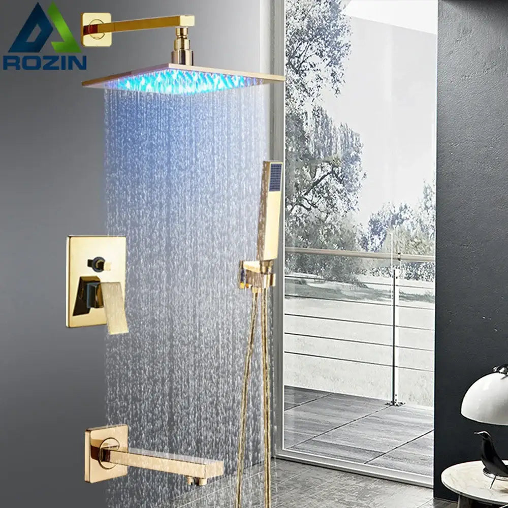 Modern gold led rainfall shower faucet set bathroom fixture