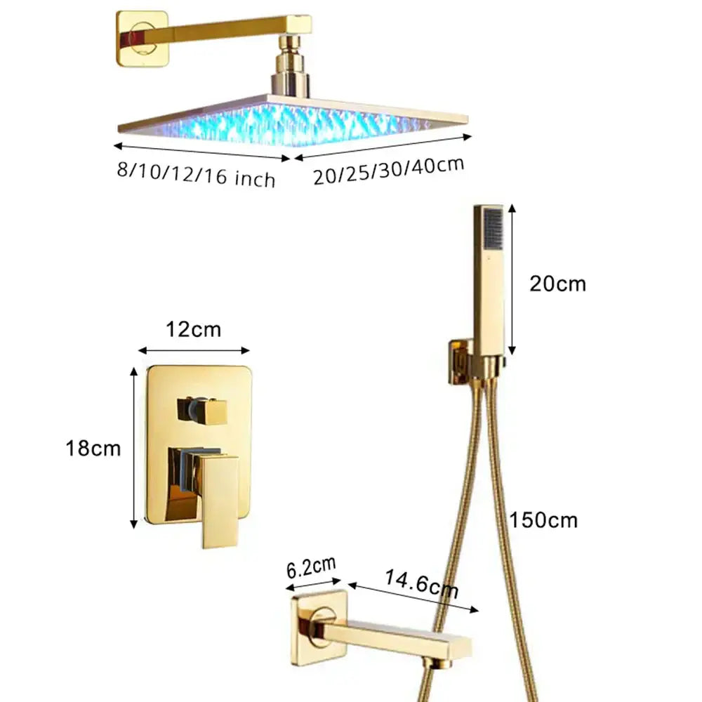 Modern gold led rainfall shower faucet set bathroom fixture