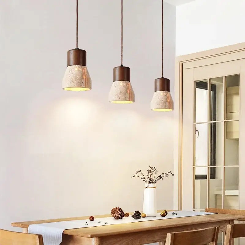 Rustic wood and yellow travertine led hanging lamps for dining room